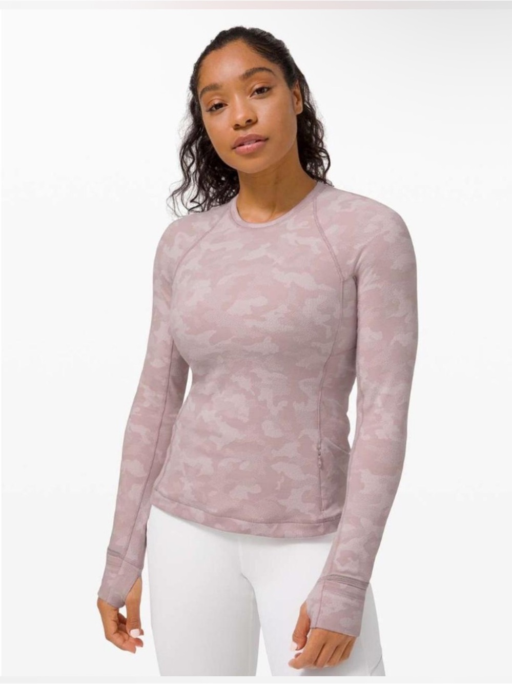 Long-Sleeve Pink Camo Performance Top Lululemon Pocket Thumbhole